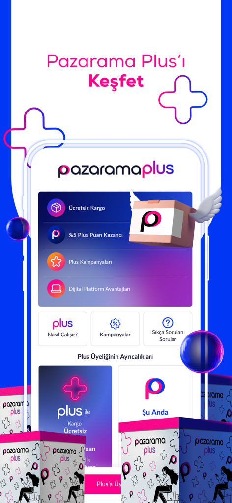 Pazarama: Online Alışveriş - Smartphone screen showing Pazarama Plus membership benefits like free shipping and reward points
