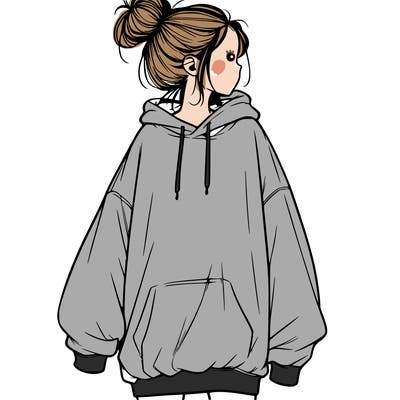 realistic girl with a oversized sweatshirt on and a bun