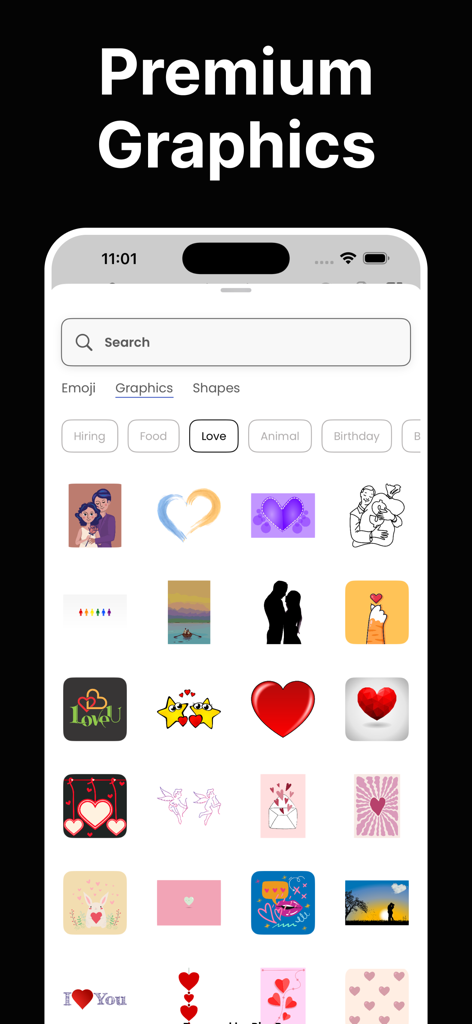 Uma biblioteca de adesivos e gráficos premium com tema de amor no aplicativo DrawPost