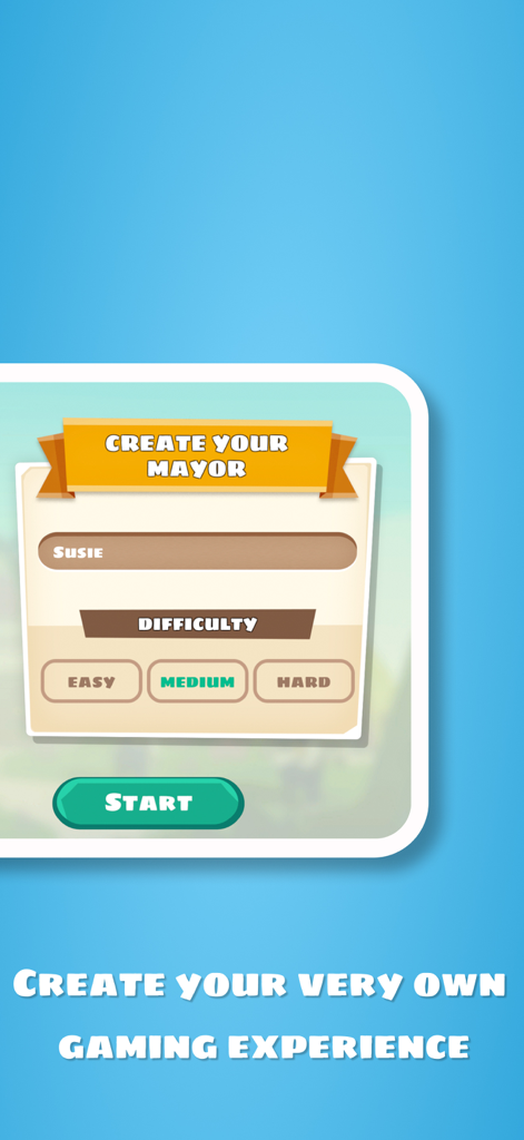 Mayority - Screenshot of the Mayority app showing the character creation screen with name input and difficulty selection options