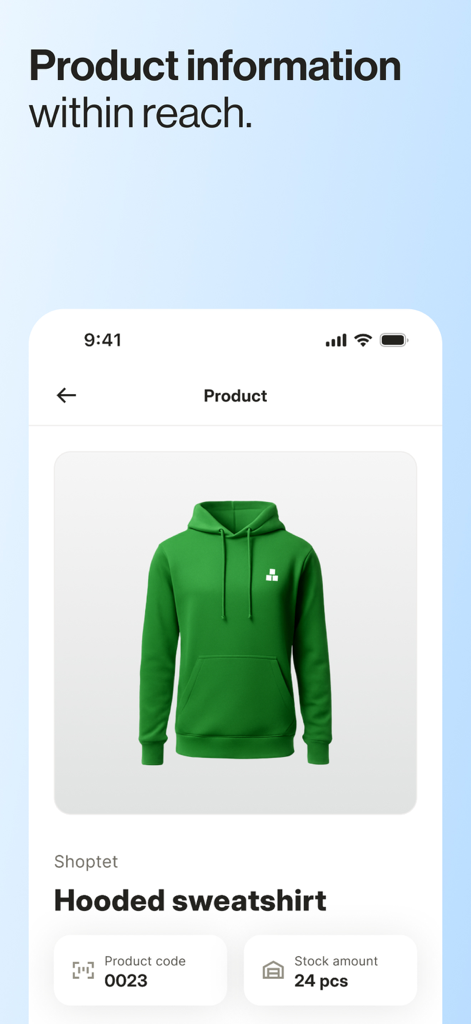 Shoptet - Shoptet app interface showing product information and stock levels for a green hoodie.