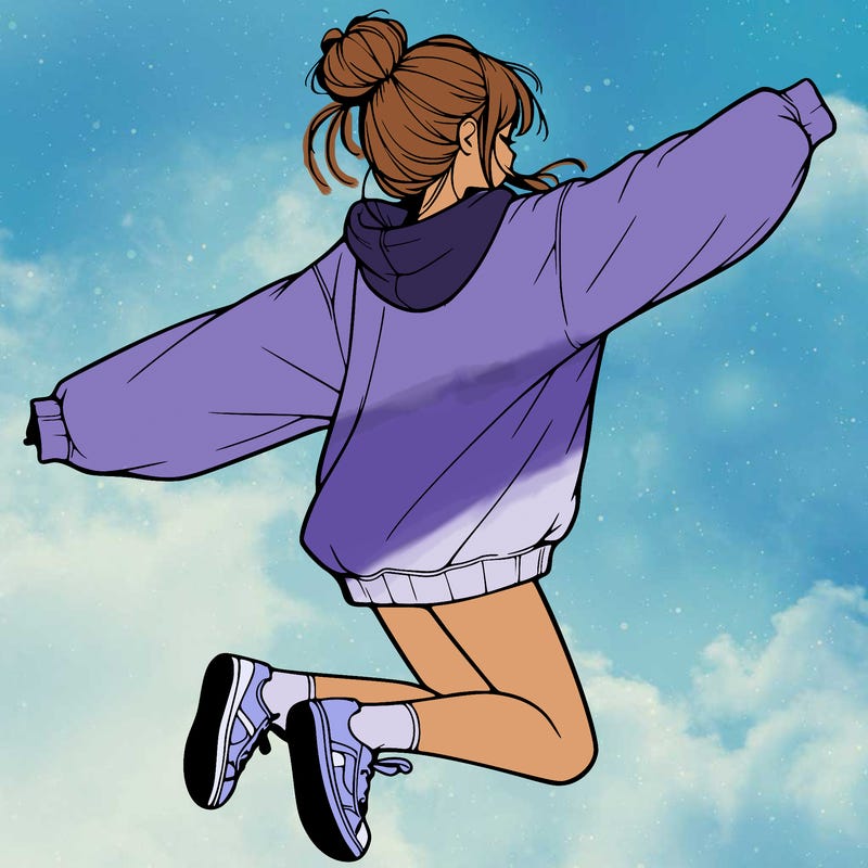 realistic girl jumping with a bun and oversized sweatshirt