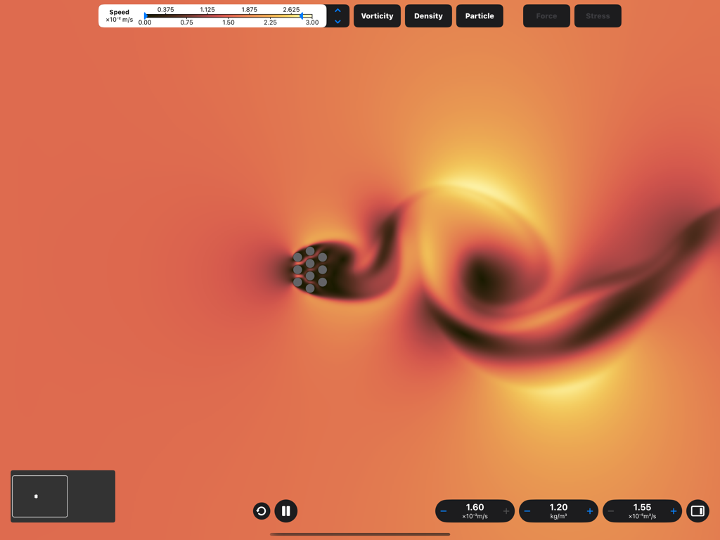 A 2D wind tunnel simulation visualizing airflow and vorticity patterns around a group of objects.