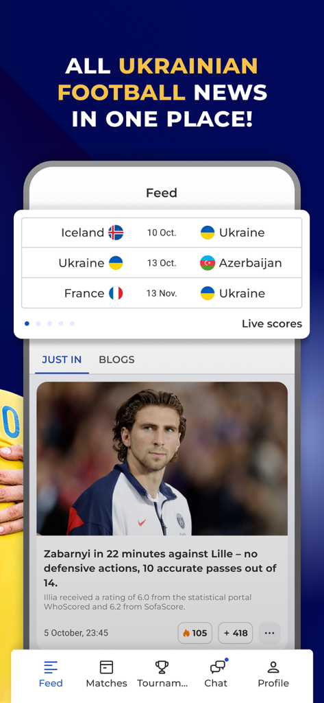 Feed de aplicativo móvel para notícias de futebol ucraniano e horários de jogos