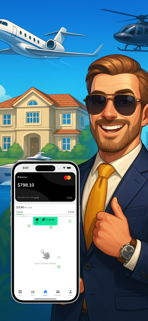 Empresario exitoso mostrando activos de lujo como un jet privado y una mansión en un juego simulador de negocios