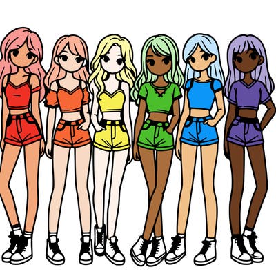 a group of girls wearing crop tops and shorts