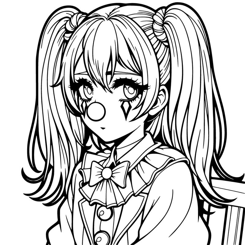 a anime girl with clown make up and with a sad and tired face