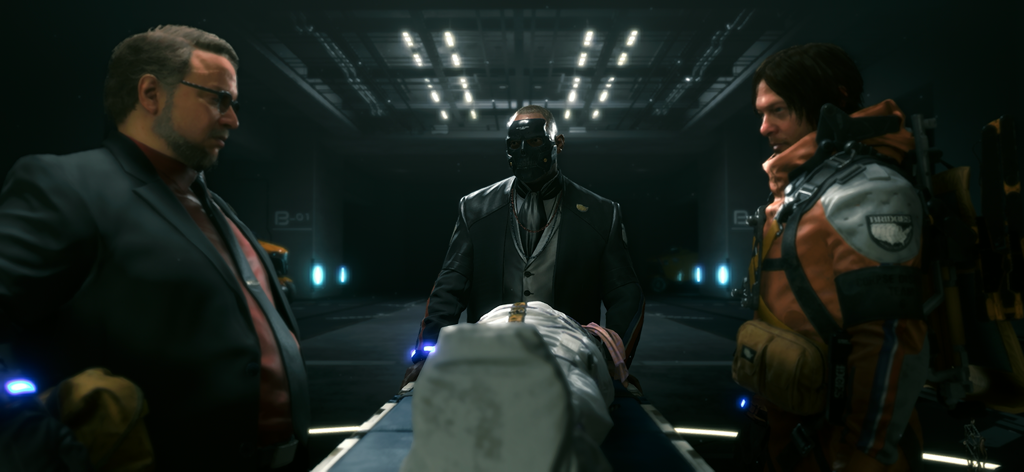 Cinematic scene featuring Sam Bridges and other characters in Death Stranding Director's Cut