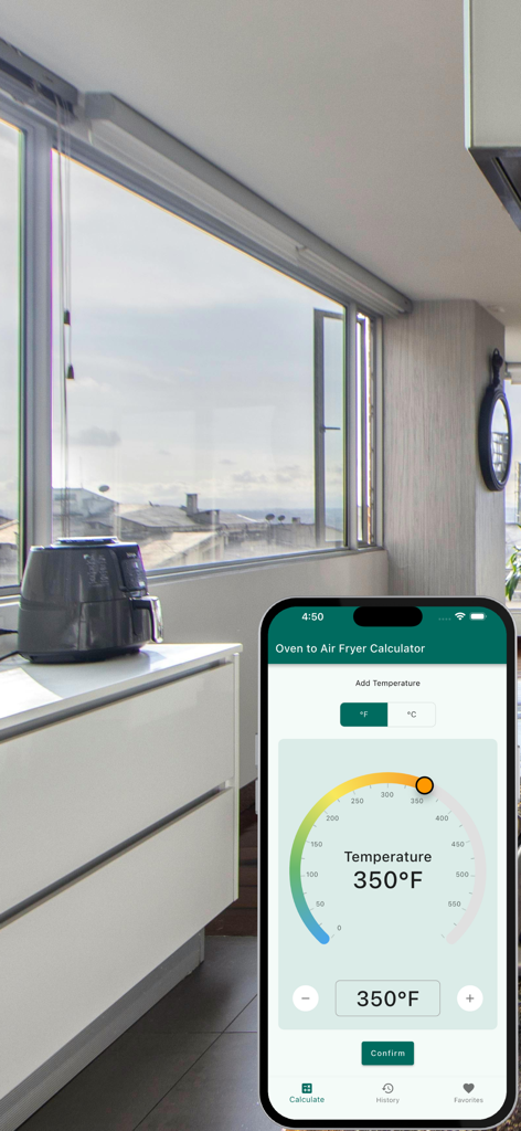 Smartphone displaying the Oven to Air Fryer Calculator app on a kitchen counter