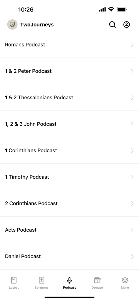 Two Journeys - The podcast screen of the Two Journeys app displaying a list of Bible study series by book including Romans and Corinthians