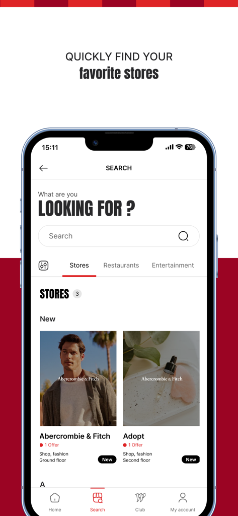 Search interface of the Westfield shopping app displaying new store openings and special offers