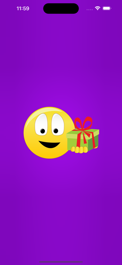 Emoji Keyboard Emoticons - Emoji sonriente sosteniendo una caja de regalo verde con un lazo rojo sobre un fondo morado