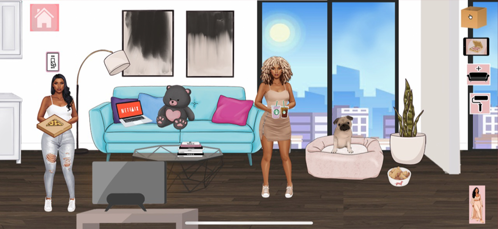Lofti: Dreamy Room Decor Game - Lofti gameplay showing a decorated cozy living room with characters, furniture, and a pug