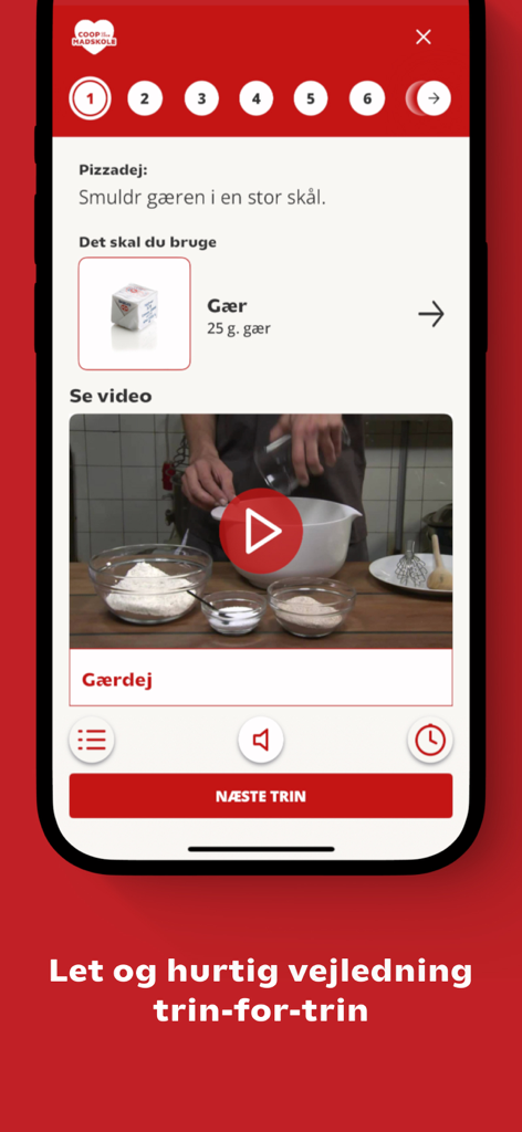 GoCookモバイルアプリのインターフェイスには、ビデオチュートリアル付きのピザ生地のステップバイステップレシピが表示されています