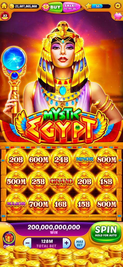 Mystic Egypt themed slot machine game with big win gold coins and an Egyptian queen character