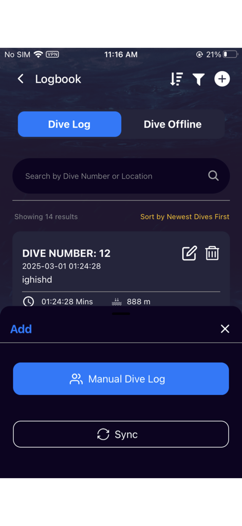 Pantalla del registro de buceo digital en la aplicación SDI TDI ERDI PFI que muestra una lista de inmersiones registradas y opciones de entrada manual