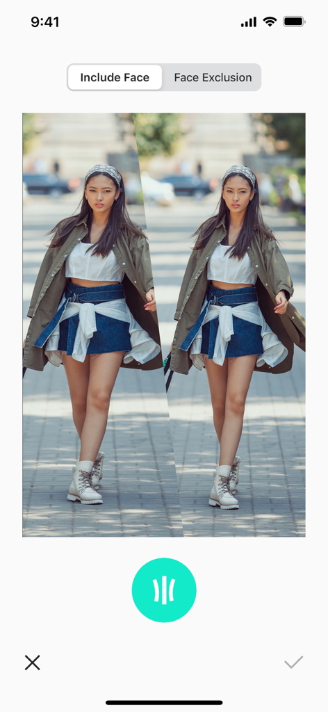 A side by side comparison showing the slimming effect on a woman in a fashion photo