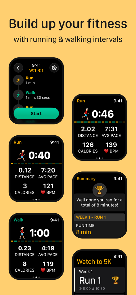 Watch to 5K－Couch to 5km plan - Interfaz de Apple Watch de la aplicación Watch to 5K mostrando entrenamientos de intervalos de correr y caminar