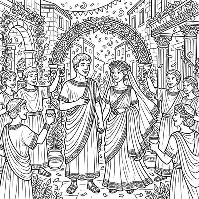 Immerse yourself in history with this delightful Roman Plebian wedding coloring page. Depicting a joyous celebration with a happy couple and their guests in an ancient Roman street, it's perfect for a creative escape.