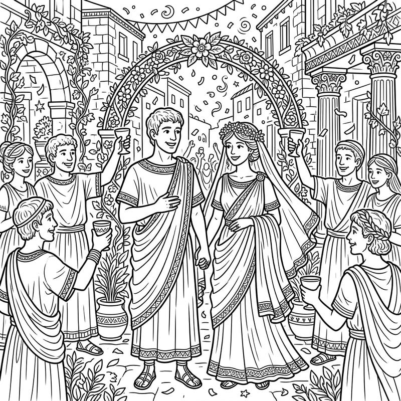 Immerse yourself in history with this delightful Roman Plebian wedding coloring page. Depicting a joyous celebration with a happy couple and their guests in an ancient Roman street, it's perfect for a creative escape.