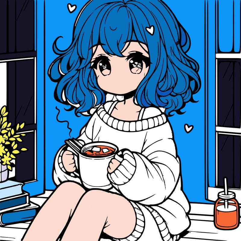 cute anime girl reading book and drinking hot chocolate from mug with loose wavy hair wearing a baggy sweatshirt and shorts sitting by windowsill looking out
