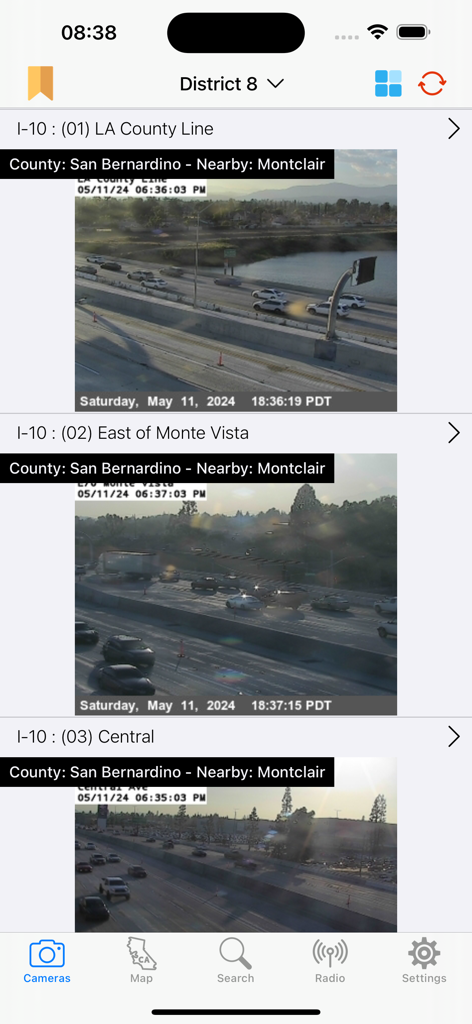 List of live traffic camera feeds for the I-10 freeway in San Bernardino County showing real-time road conditions