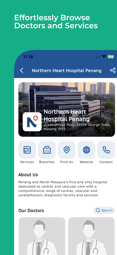 PatientHub by EncoreMed - PatientHub mobile app screen displaying a hospital profile with sections for services and a list of doctors