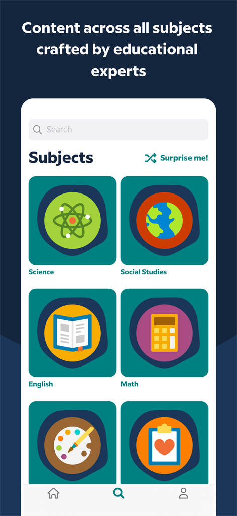 BrainPOP - BrainPOPアプリの画面には、科学、社会科、英語、数学などの多様な教育科目とカラフルなアイコンが表示されています。