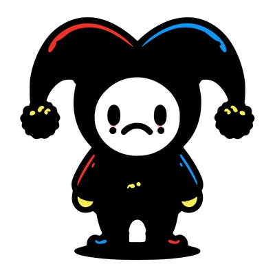 pomni sad jester, red and blue clothing two pom-poms on the middle of the shirt from a circus