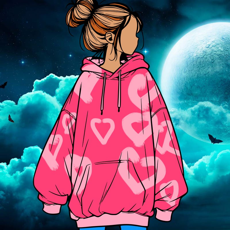 realistic girl with a oversized sweatshirt on and a bun