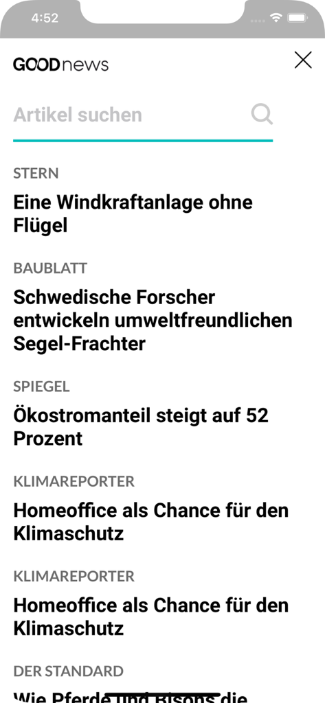 Good News App-Suchbildschirm mit einer Liste von lösungsorientierten Schlagzeilen