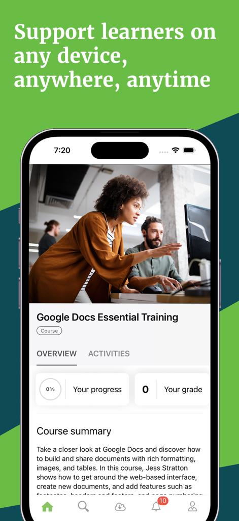 Totara - Totara mobile app interface showing a Google Docs training course overview
