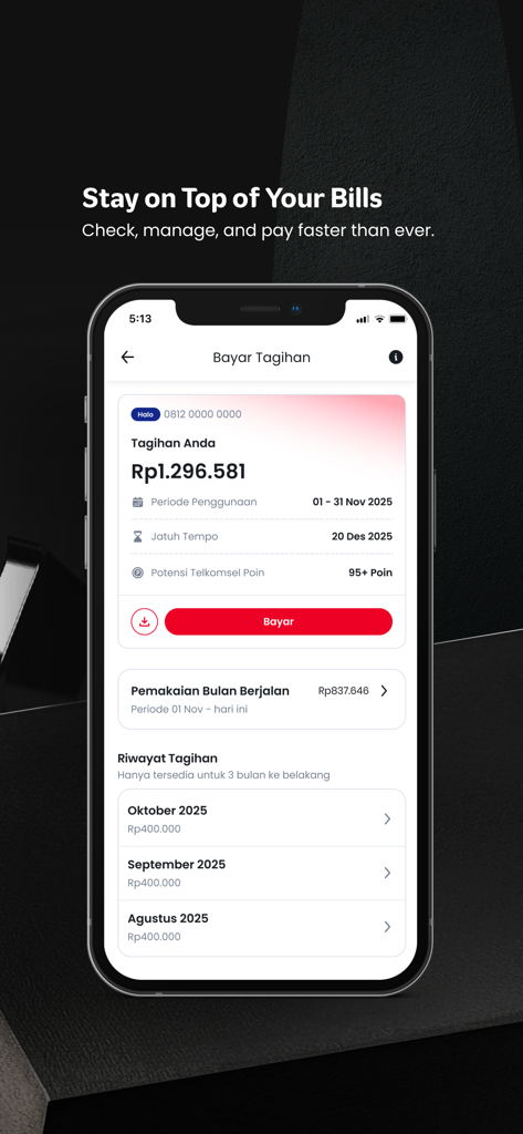 MyTelkomsel app interface showing bill payment details and history