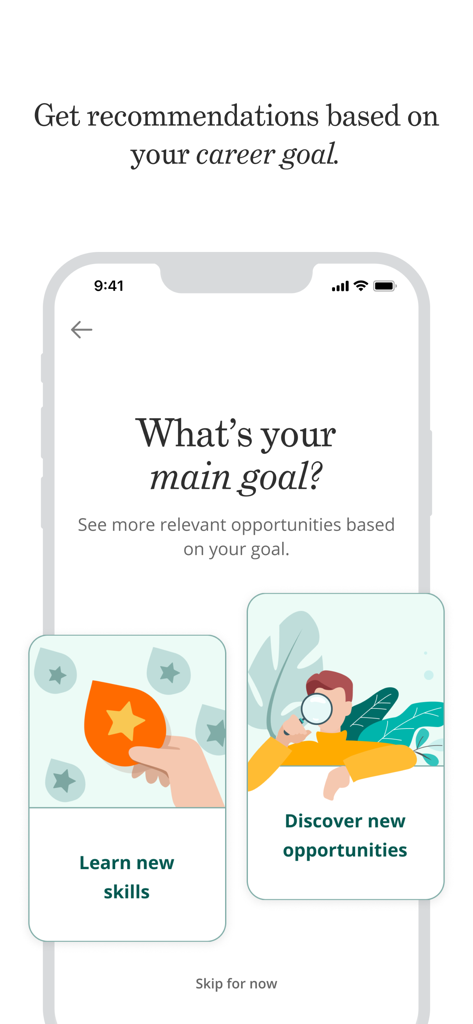 Captura de tela da interface do aplicativo Credly mostrando uma escolha entre aprender novas habilidades ou descobrir novas oportunidades de carreira.