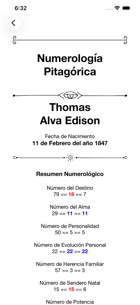 ContactLog - Pythagorean Numerology summary screen in ContactLog showing destiny and soul numbers for a contact