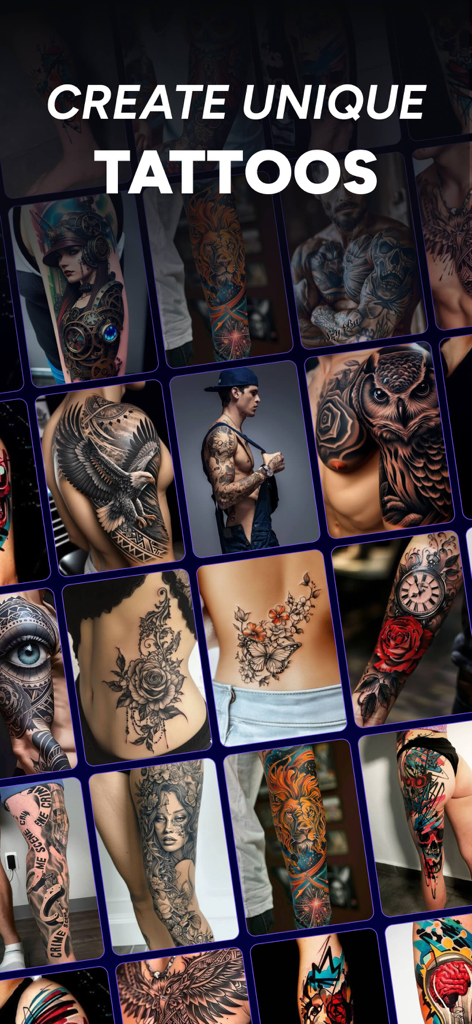 腕や背中を含むさまざまな体に施された、さまざまなユニークなAI生成タトゥーデザインを示すコラージュ