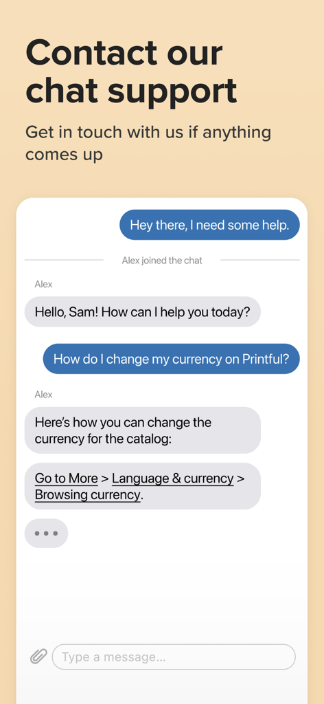 Printful App - ユーザーが通貨設定についてサポートを受けているライブチャットサポートの会話を示すPrintfulアプリのインターフェース。