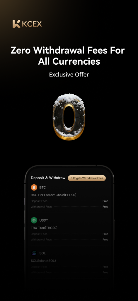 KCEX: The Lowest Crypto Fees - KCEX crypto app interface showing zero withdrawal fees for BTC, USDT, and SOL.