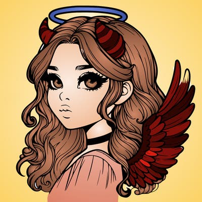 realistic girl with horns and wings and halo