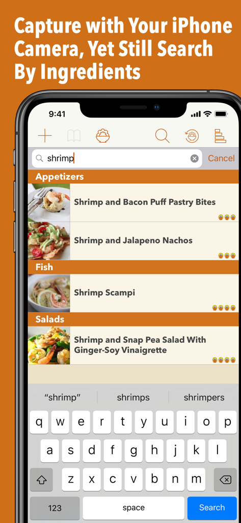 iPhone screen showing a search for shrimp recipes in the Recipe Gallery app organized by category