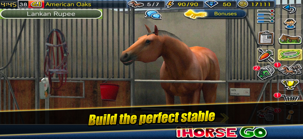 A brown racehorse in its stall within the stable management screen of iHorse GO.