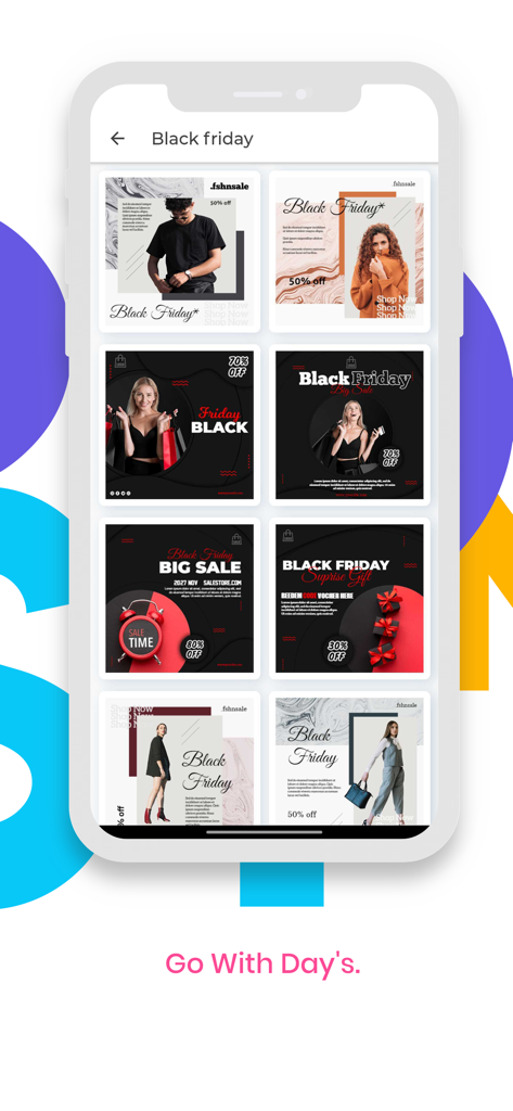 Social Media Post Maker 2025 - Pantalla de smartphone que muestra diversas plantillas de publicaciones para redes sociales del Black Friday en una aplicación de diseño