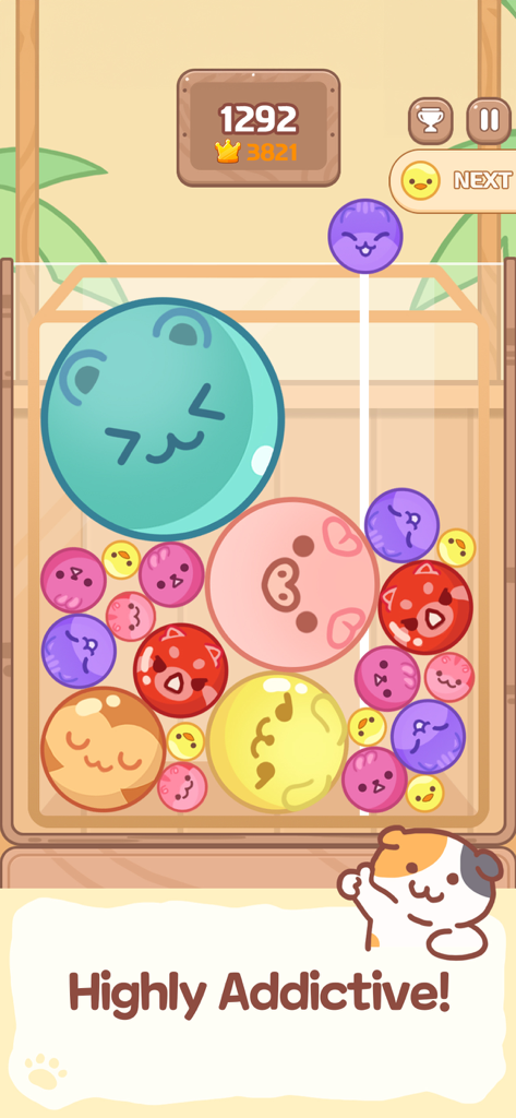 Gameplay screenshot of Melon Maker Merge Fruits showing colorful animal-themed characters in a puzzle container with the caption Highly Addictive