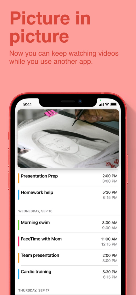 How to Draw Cartoons App - Modo de imagen en imagen que muestra un video tutorial de dibujo superpuesto a una aplicación de calendario en un smartphone