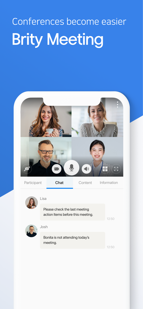 Brity Meeting 브리티 미팅 - Interface of Brity Meeting app showing a four person video conference and an active chat session