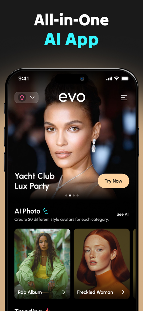 Main interface of the EVO AI app showcasing different AI photo styles and categories