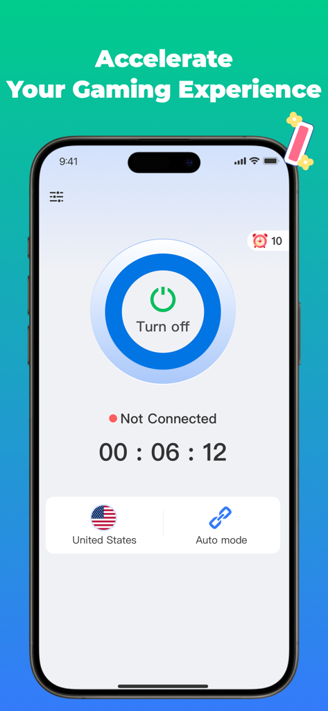 Fly VPN app interface showing gaming experience acceleration and server selection