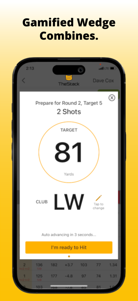The Stack System - The Stack System app interface showing a gamified golf wedge training session with an 81-yard target.