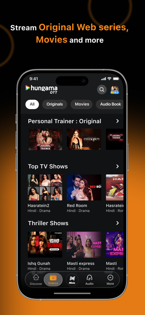 Hungama OTT: Shows & Movies - Hungama OTT app home screen showing original web series movies and TV show categories