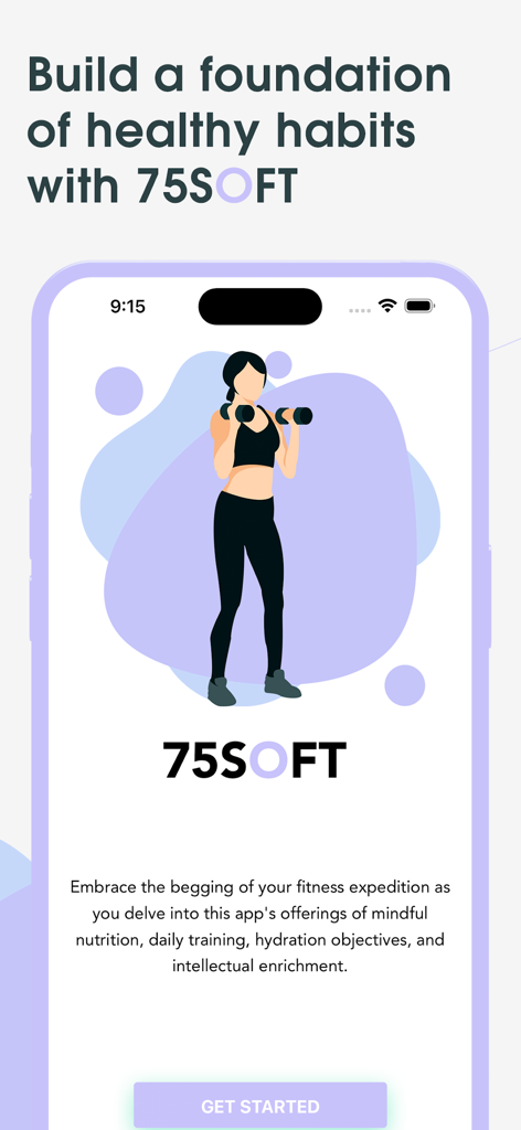 75 Soft Challenge: 75 Days - 75 Soft Challenge app welcome screen showing a woman exercising and text about building healthy habits.